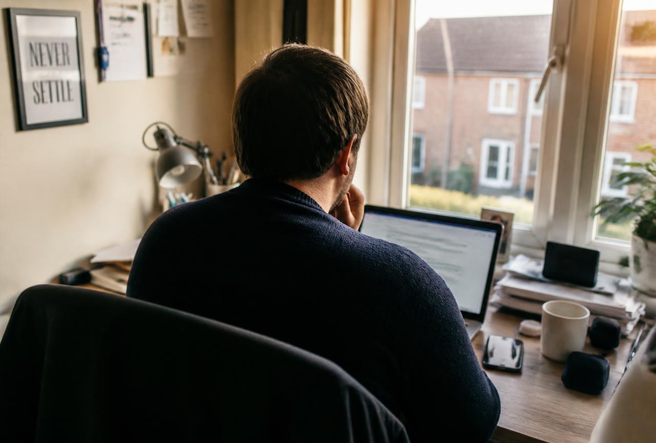 Someone working at a laptop in a small home office, late afternoon light through the window