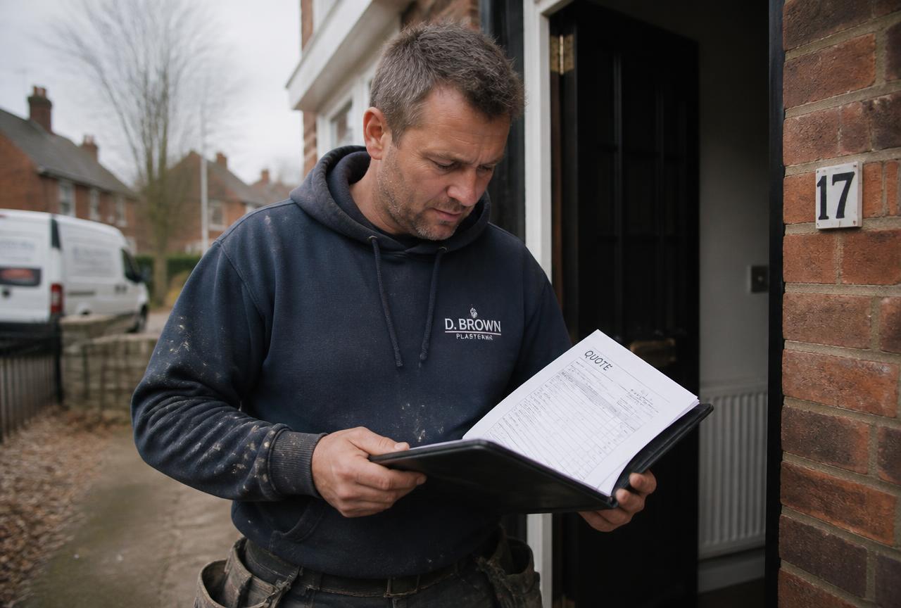 A tradesperson on a doorstep reading a printed quote on a clipboard