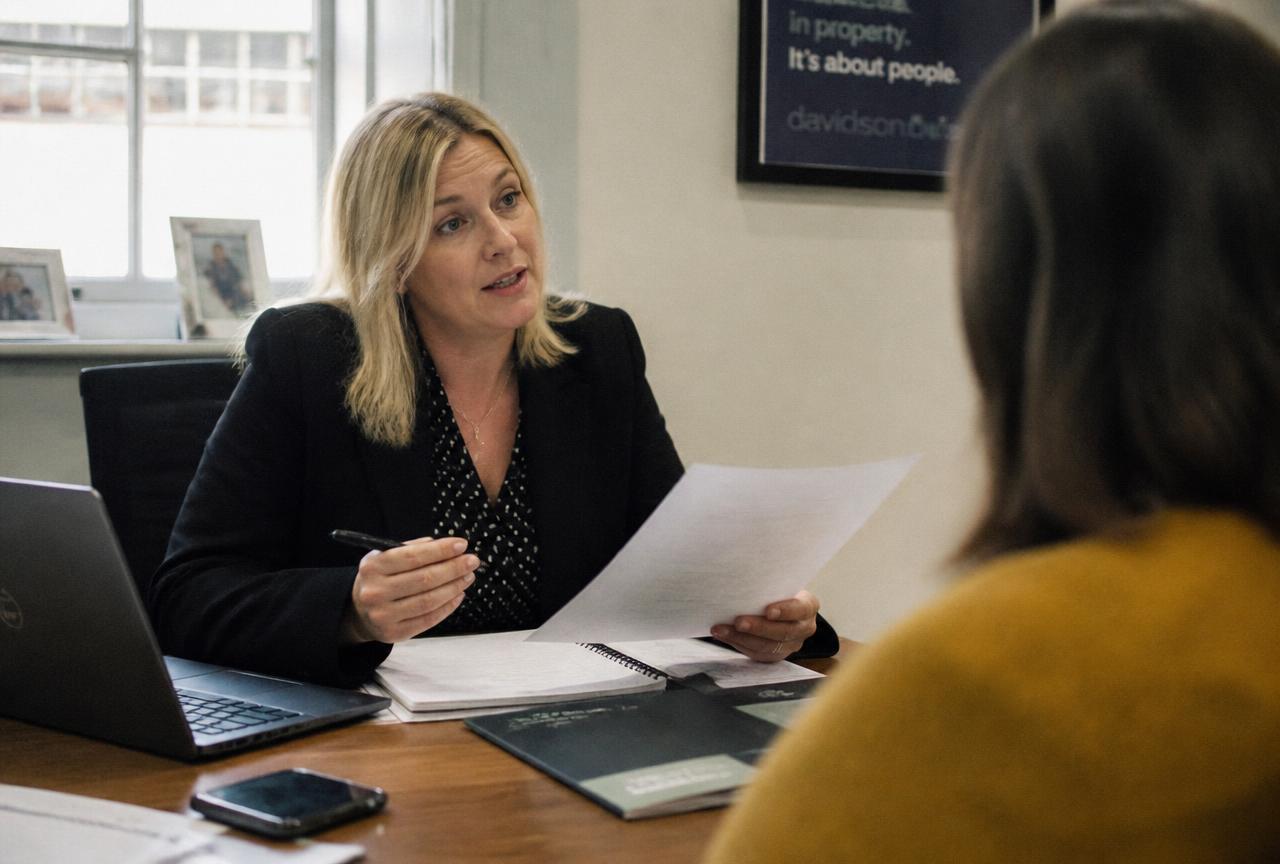 An estate agent at her desk going through paperwork with a client, laptop and phone beside her