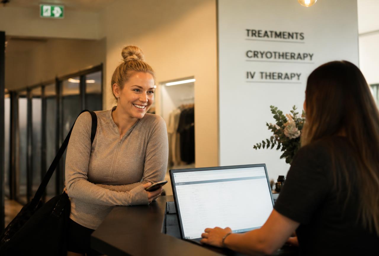 A customer checking in at a med spa reception desk