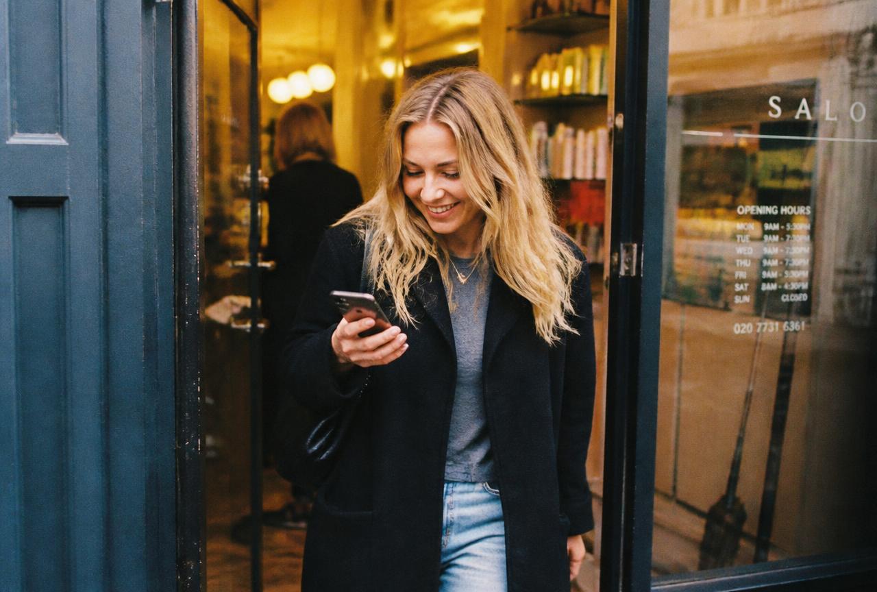 A smiling customer leaving a salon and checking her phone